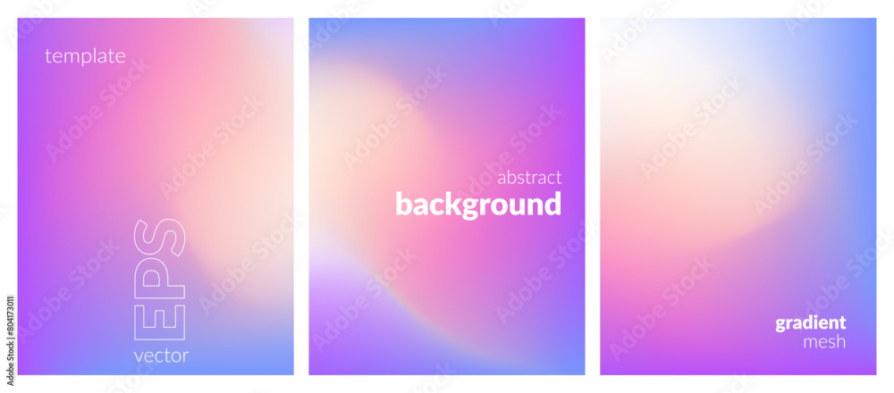 Abstract liquid background set. Gradient mesh. Blurred fluid texture. Blue pink purple light color blend. Modern design template for web covers, ad banners, posters, brochures, flyers. Vector image