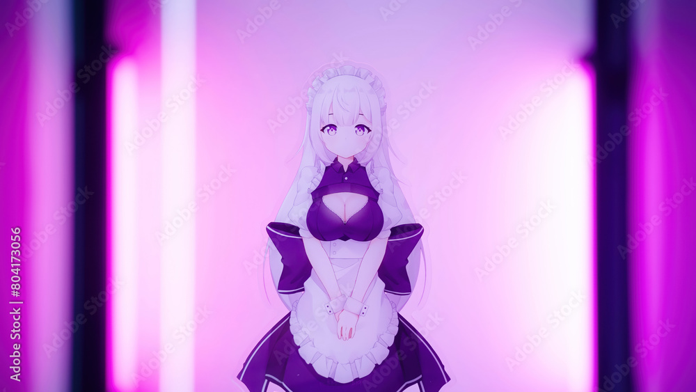 Anime figure maid girl inside the glass cabinet with pink backlight Anime figure maid girl inside the glass cabinet with pink backlight