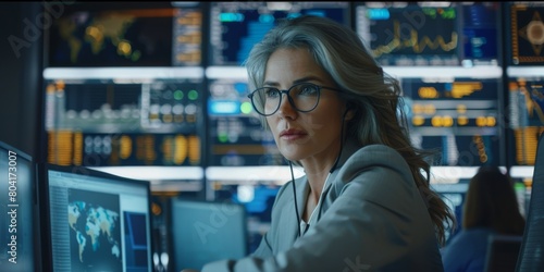 In the monitoring room, a female senior data scientist reviews reports from the risk management department on a large digital screen. Generative AI. © visoot