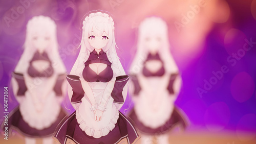 Three cute anime maid girl figures surrounded with smoke with copy space