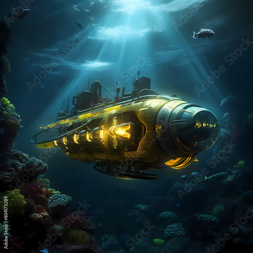 Submarine exploring an alien ocean.