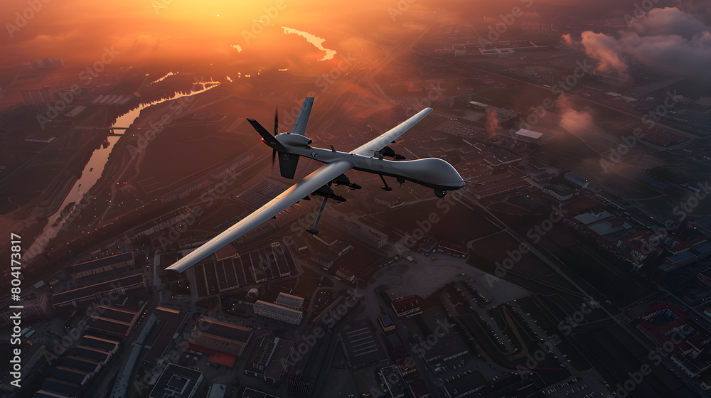 Naklejka premium A modern drone flying over a military base.