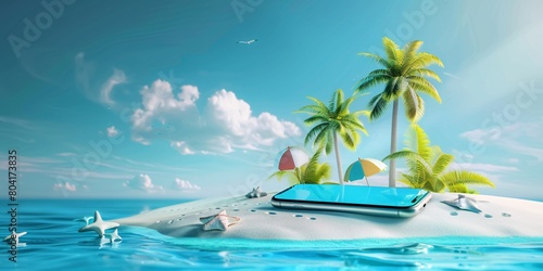 Stunning beach scene on mobile device against blue backdrop. 3d illustration.