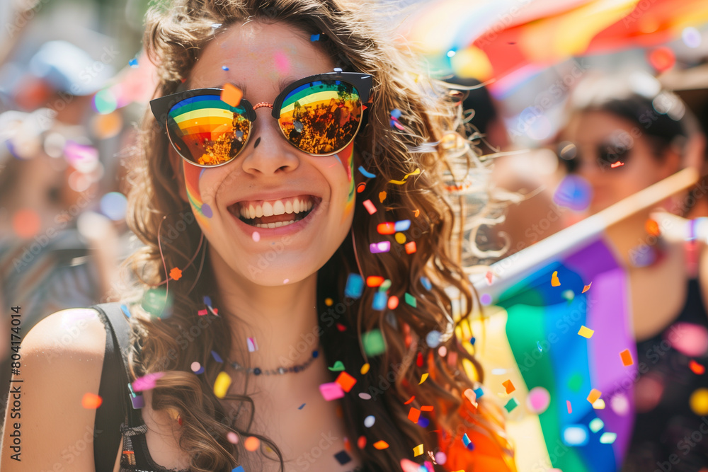 Naklejka premium Happy woman with sunglasses at pride parade, holding rainbow flag with confetti flying around her.