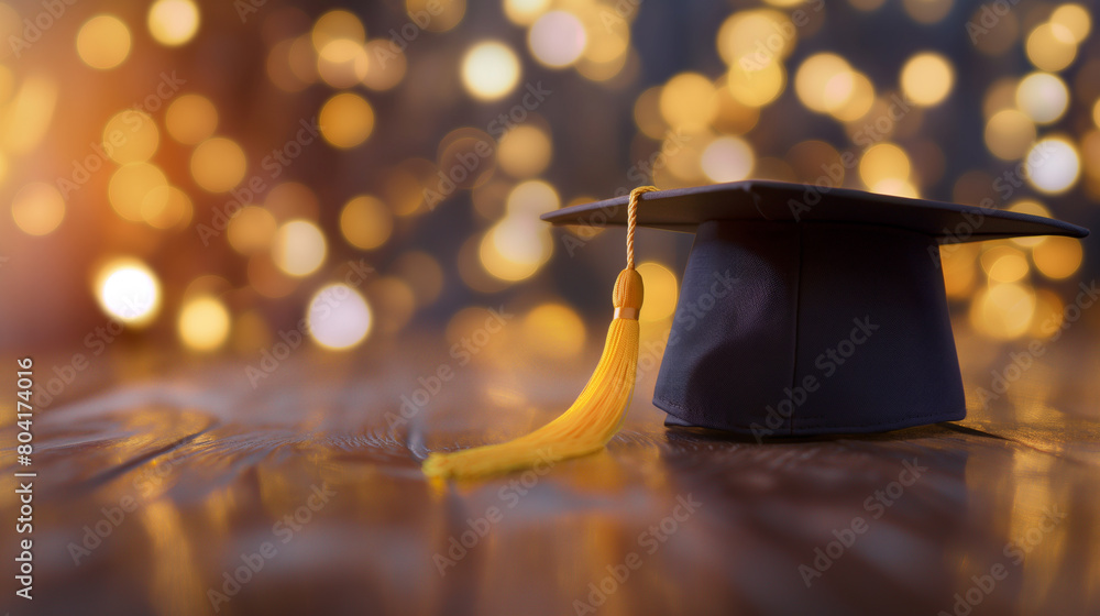 A black graduation cap with a yellow tassel lies on a wooden surface. Sparkling bright background with bokeh and copy space.