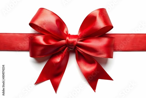 Red bow with long ribbon on white background