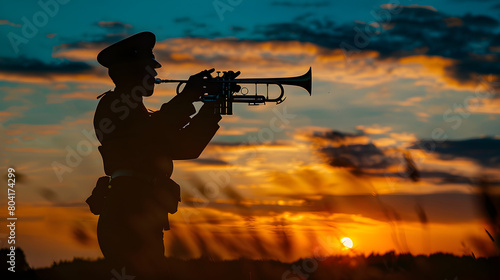 A silhouette of a soldier playing a bugle at dawn.


