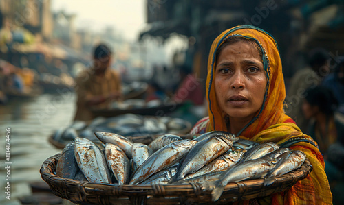 A bangladeshi woman selling raw fish in a basket.