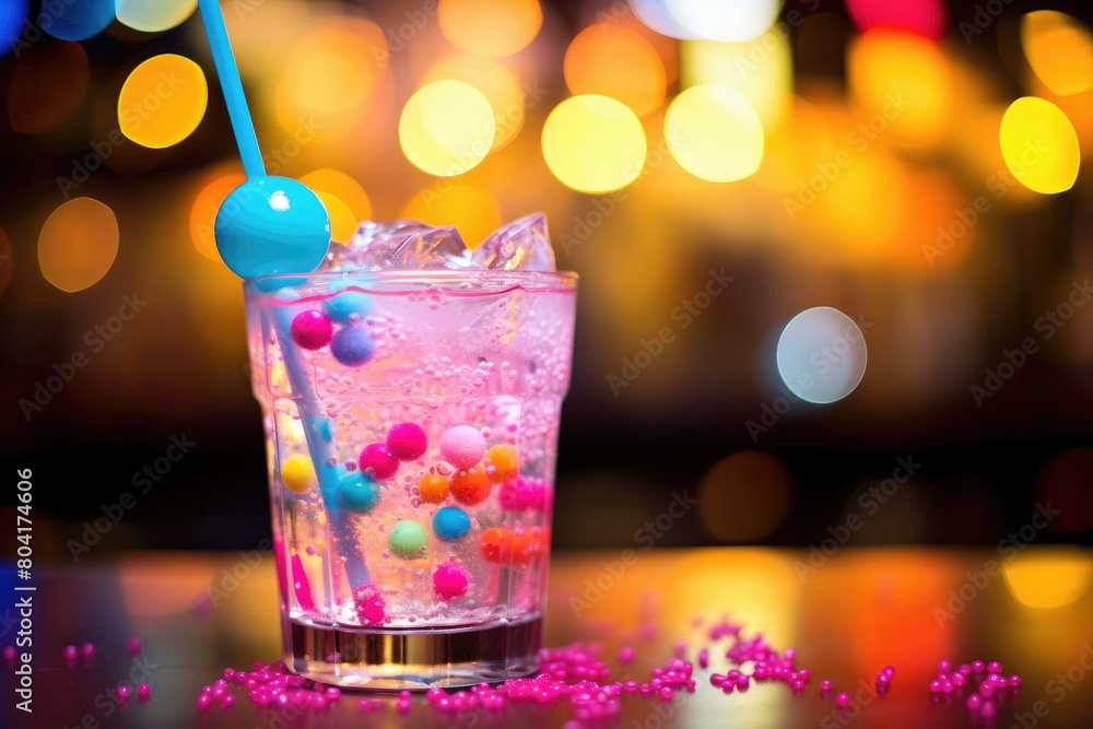 Bubblegum Burst: Bubblegum-flavored mocktail in a fun, colorful glass. Bubblegum Burst: Bubblegum-flavored mocktail in a fun, colorful glass.