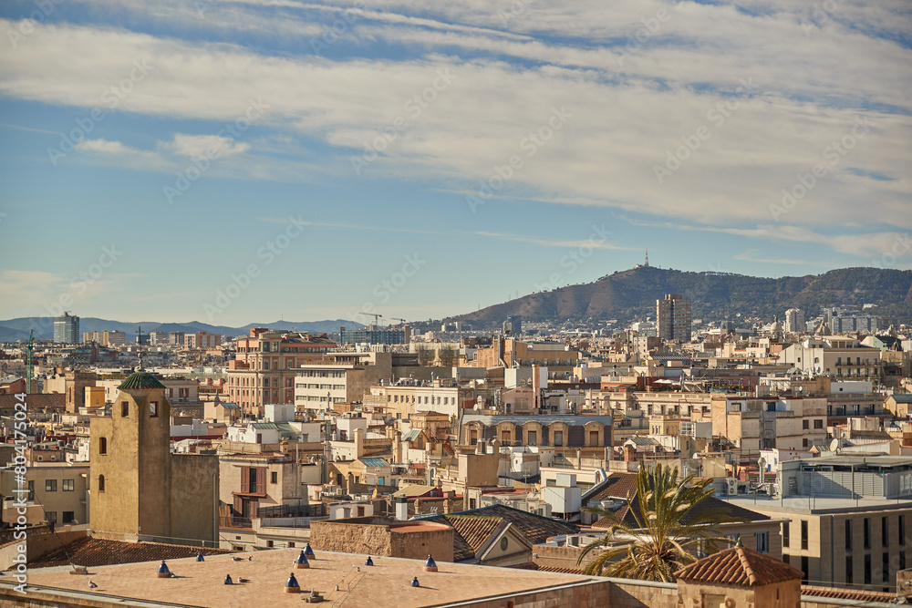 Rooftops in Barcelona of buildings and houses with mountains Spain