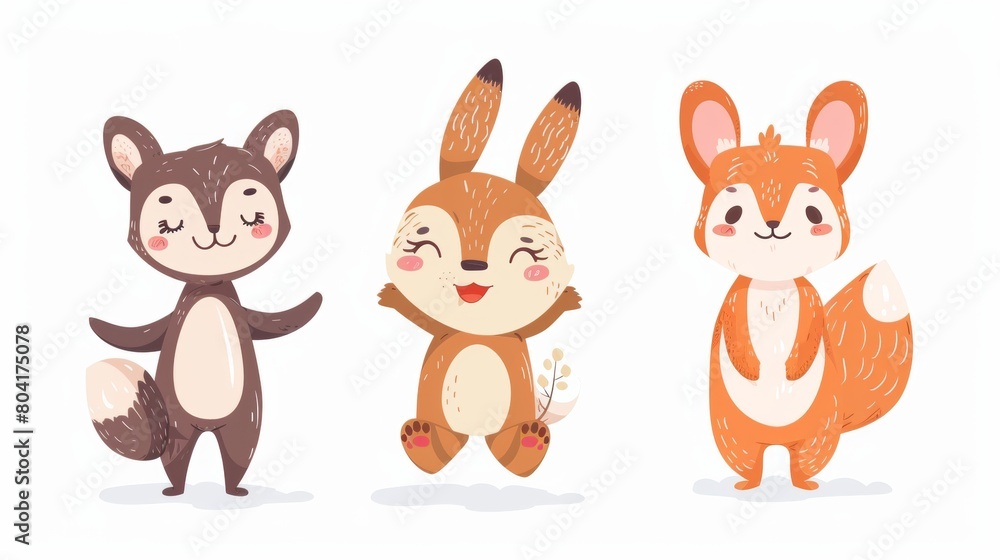 Illustrations of cute animals or characters in playful poses for children books or products.