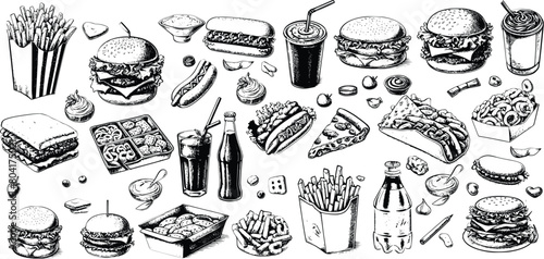 Sketch fast food meals isolated vector icons ice cream in waffle cone  soda drink with ice cubes and burger with french fries. Takeaway donut  pizza and hot dog with taco engraving retro signs set