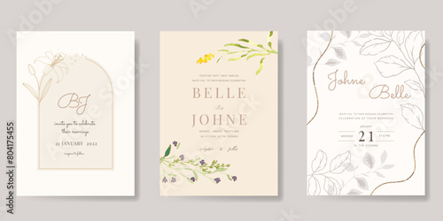 white Luxury Wedding Invitation, floral invite thank you, rsvp modern card Design in line flower with  leaf greenery  branches decorative Vector elegant rustic template