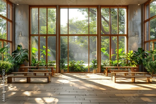 A contemporary greenhouse interior brimming with vibrant plants, large windows allow plenty of natural light