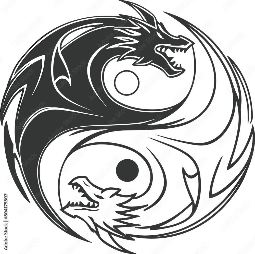 Dragon head with yin yang symbol, vector illustration. Dragon head with yin yang symbol, vector illustration.
