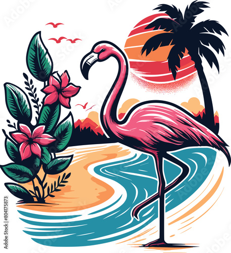 Flamingo, summer t-shirt design, vector illustration.