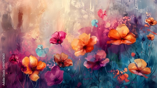 Vivid and vibrant abstract painting featuring a diverse array of stylized flowers in a dreamy, textured backdrop. © Sak
