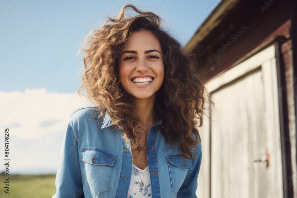 Fototapeta premium Portrait of a cheerful woman in her 20s sporting a versatile denim shirt in front of quiet countryside landscape