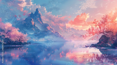 A dreamlike landscape with pink blossoming trees, majestic mountains, and a serene lake reflecting a vibrant sunset.
