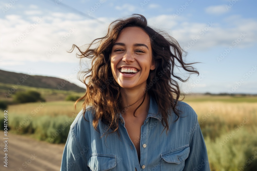 Portrait of a cheerful woman in her 20s sporting a versatile denim shirt in front of quiet countryside landscape Portrait of a cheerful woman in her 20s sporting a versatile denim shirt in front of quiet countryside landscape