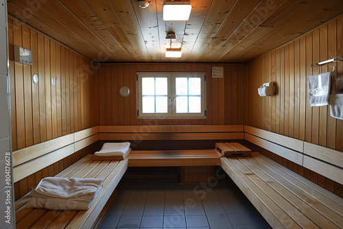 Inside a wooden sauna