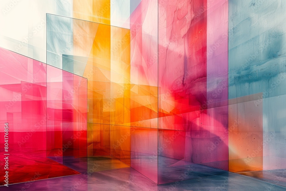 A striking visual of a brightly colored abstract geometric glass panel installation against a faded background A striking visual of a brightly colored abstract geometric glass panel installation against a faded background