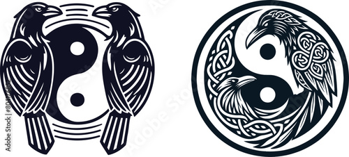 Set of raven with yin yang symbol, tribal tattoo design, vector illustration.