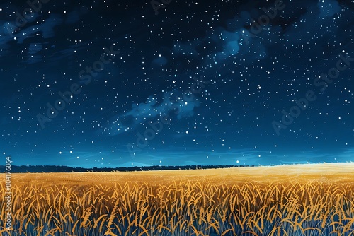 A vast expanse of wheat swaying in a uniform rhythm under a canopy of stars in a clear night sky. Rendered in a minimalist style. photo