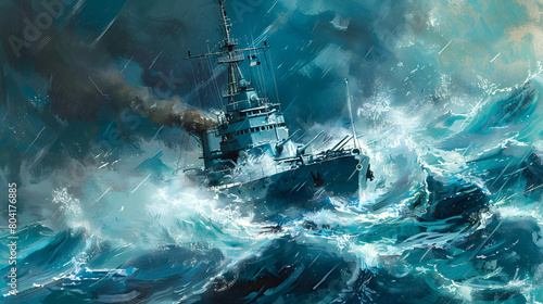 Illustration of a naval ship sailing through rough seas.


 photo