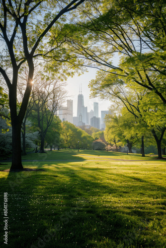 A metropolitan park with a city skyline in the background  © grey