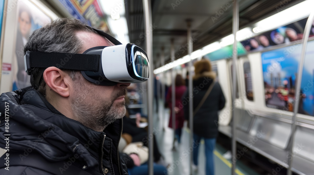 man in virtual reality glasses in a subway car, spatial computer, mask, high technology, VR, device, person, people, portrait, online, game, Internet, future, electronic, 3D, three-dimensionally, tube man in virtual reality glasses in a subway car, spatial computer, mask, high technology, VR, device, person, people, portrait, online, game, Internet, future, electronic, 3D, three-dimensionally, tube