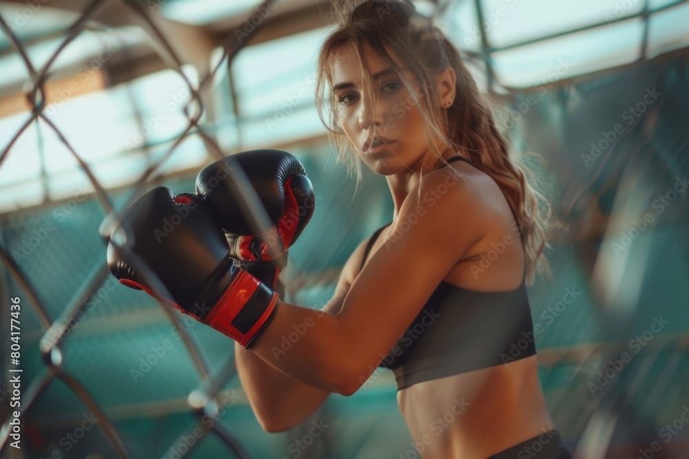 A beautiful woman is boxing training inside the gym. A beautiful woman is boxing training inside the gym.