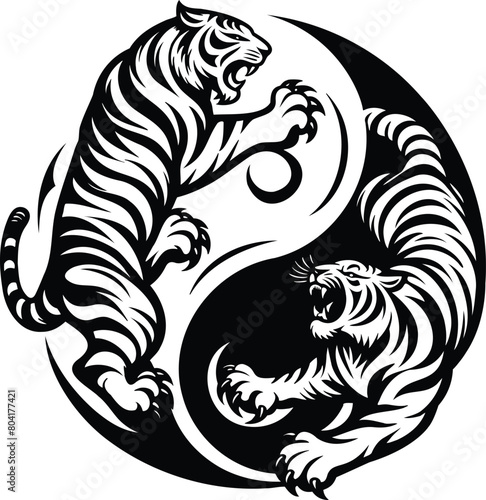 Roaring two tigers with yin yang symbol, vector illustration.