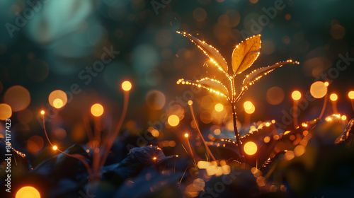  a flourishing sapling illuminated by the warm glow of sunrise, enhanced with intricate bokeh elements, illustrating the serene coalescence of technology and the natural world. photo