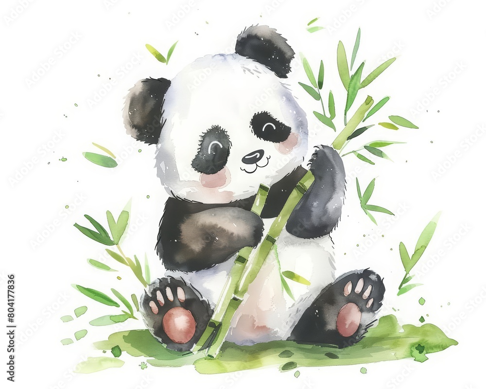 Obraz premium Imagine a cute, kawaii watercolor painting of a panda munching on bamboo, Clipart minimal watercolor isolated on white background