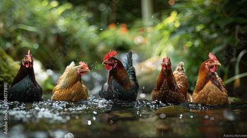 Pond Poultry: Idyllic snapshots of chickens wading through shallow ponds or streams, showcasing their aquatic prowess. photo