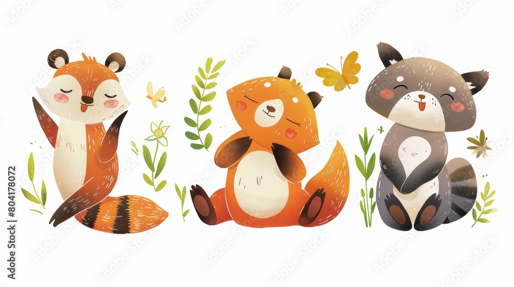 Naklejka premium Illustrations of cute animals or characters in playful poses for children books or products.