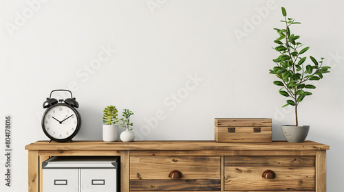 Modern glasses on wooden shelf unit and alarm clock 