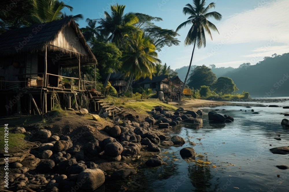 Naklejka premium Panama landscape. Coastline with a small village and palm trees. Blue sky with white clouds.