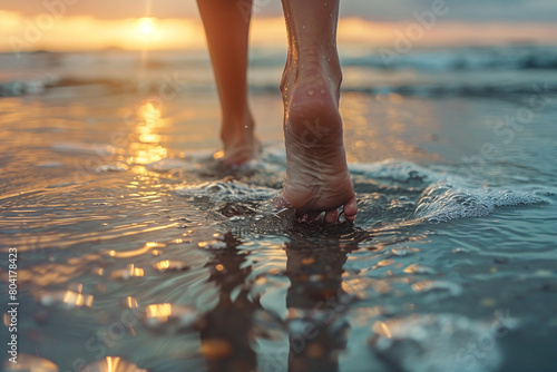 Walking barefoot through the water at the beach at sunset close-up