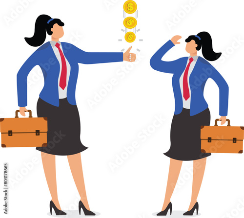 Flip a coin to make a decision, uncertainty in decision making, randomness and risk, taking chances, businesswoman looks at the coin flipped by hand before making a decision