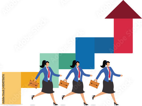 Competition for business marketing or performance, competition for office staff careers, competition for the best employees, businesswomen running alongside the arrow of continuous upward growth