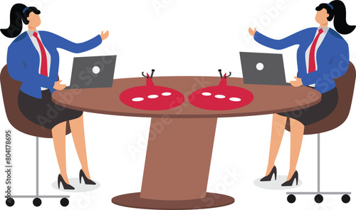 Pitfalls in Conversation, Loopholes in Negotiation and Speech, Liar or Fraudster, Two Businesswomen Negotiating While Sitting at a Fishhooked Speech Foam Table