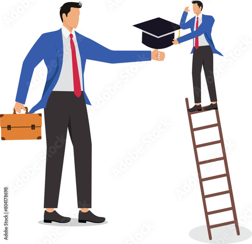 Getting higher and better academics and education, self-study education and self-improvement, businessmen climbing ladders to climb to pick the graduation cap on their giant thumbs