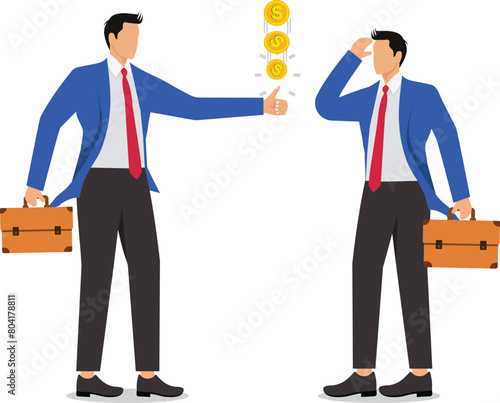 Flip a coin to make a decision, uncertainty in decision making, randomness and risk, taking chances, businessman looks at the coin flipped by hand before making a decision