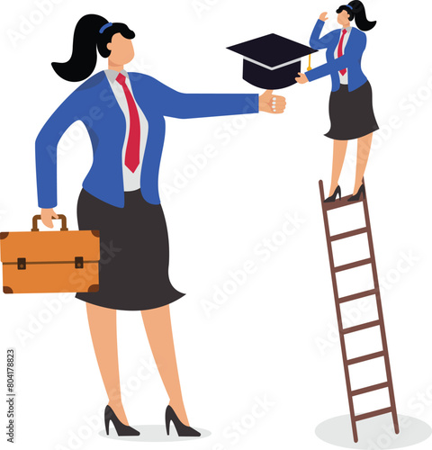 Getting higher and better academics and education, self-study education and self-improvement, businesswomen climbing ladders to climb to pick the graduation cap on their giant thumbs