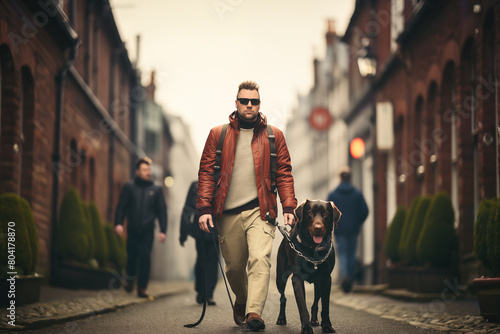 Portrait of a blind man on the street with his canine guide of the Golden Retriever breed.
