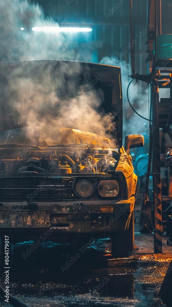 A scene in a mechanics workshop showing a car engine overheating, steam billowing out from under the open hood A scene in a mechanics workshop showing a car engine overheating, steam billowing out from under the open hood