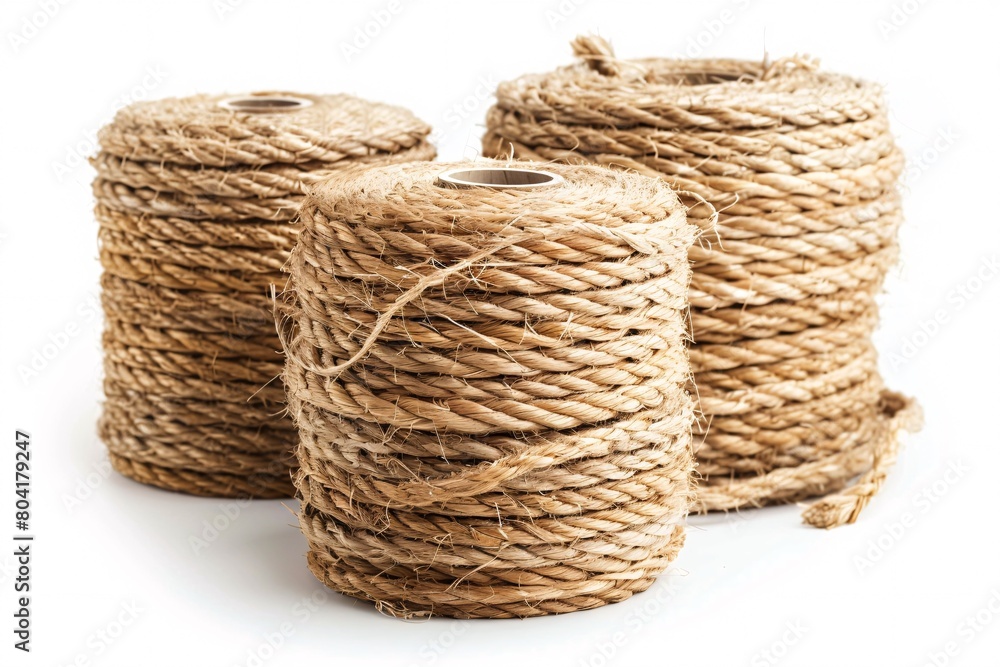 Assortment of organic rope in different sizes on a white backdrop.