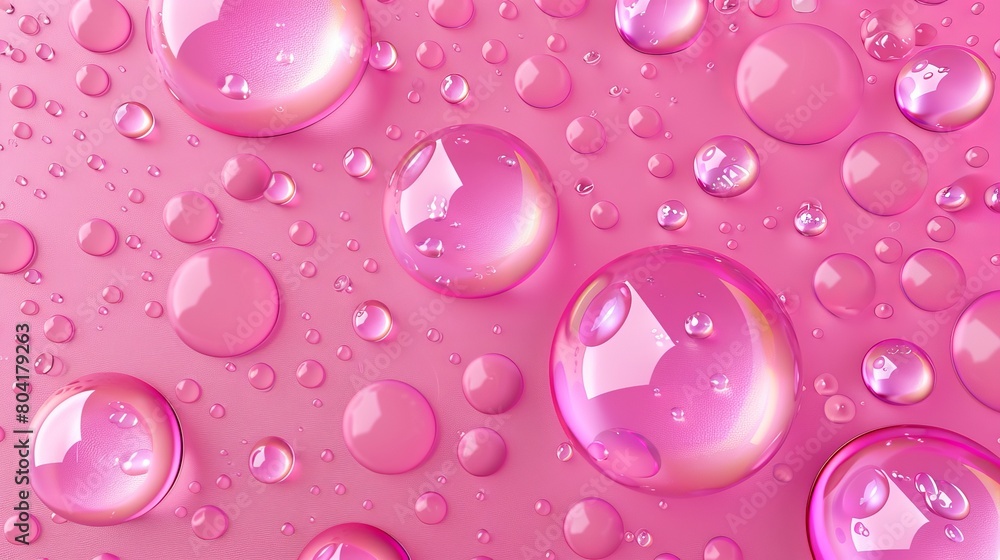 This realistic 3d modern illustration features water drops on pink background, scatter spherical aqua bubbles, wet liquid texture. It is perfect for advertisements for beauty and skincare products.